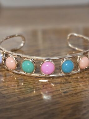 bp Gold-Tone Cuff Bracelet with Pink, Turquoise, Coral and Mint Cabochons